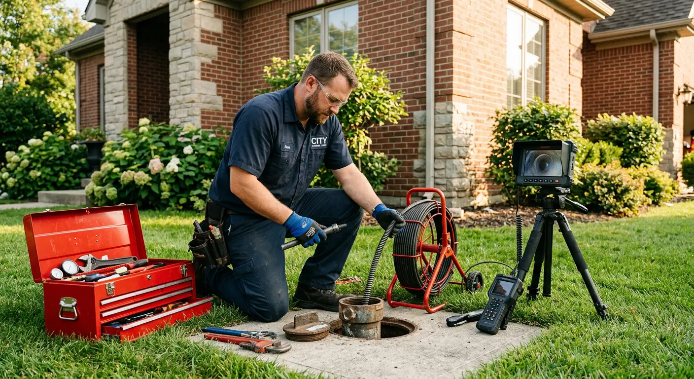 Sewer specialist with camera equipment servicing a cleanout in Litchfield