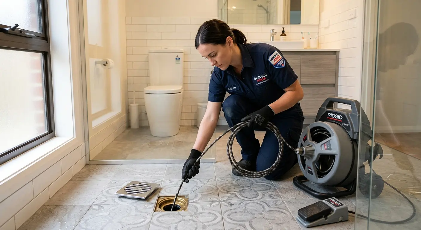 Technician clearing a bathroom floor drain for Drain Cleaning in Litchfield